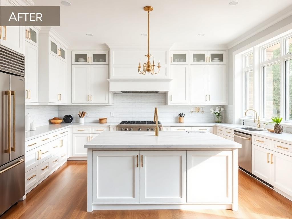 Modern remodeled kitchen with white cabinets and quartz island