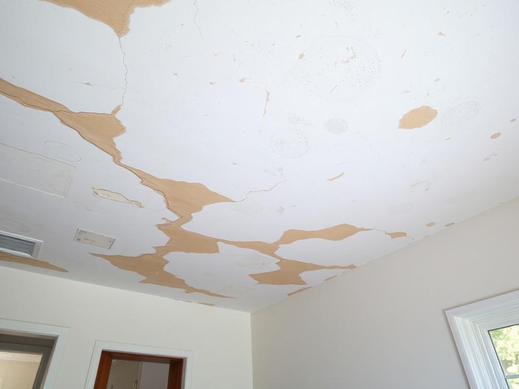 Water-stained ceiling before restoration