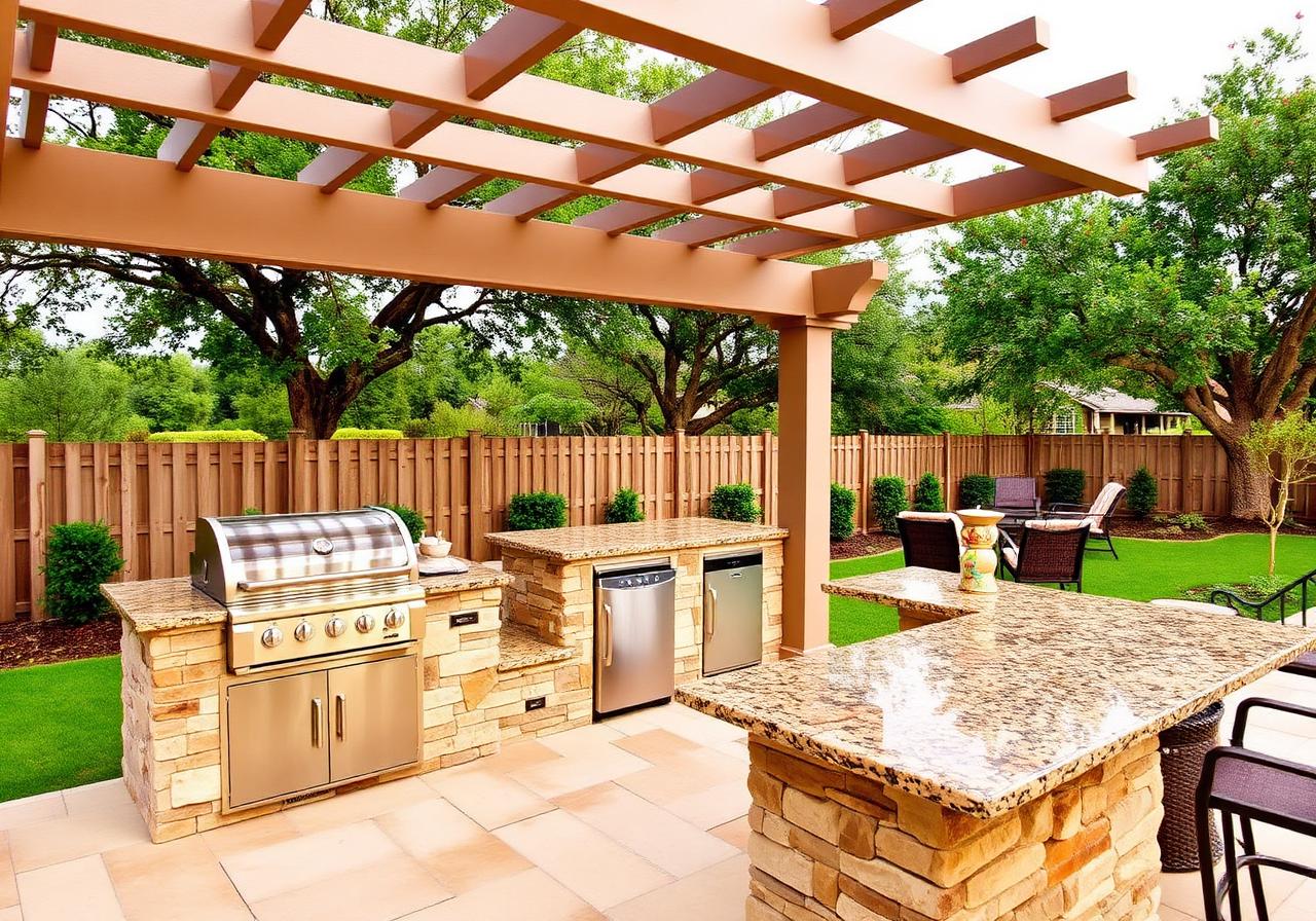 Outdoor kitchen with built-in grill and bar seating