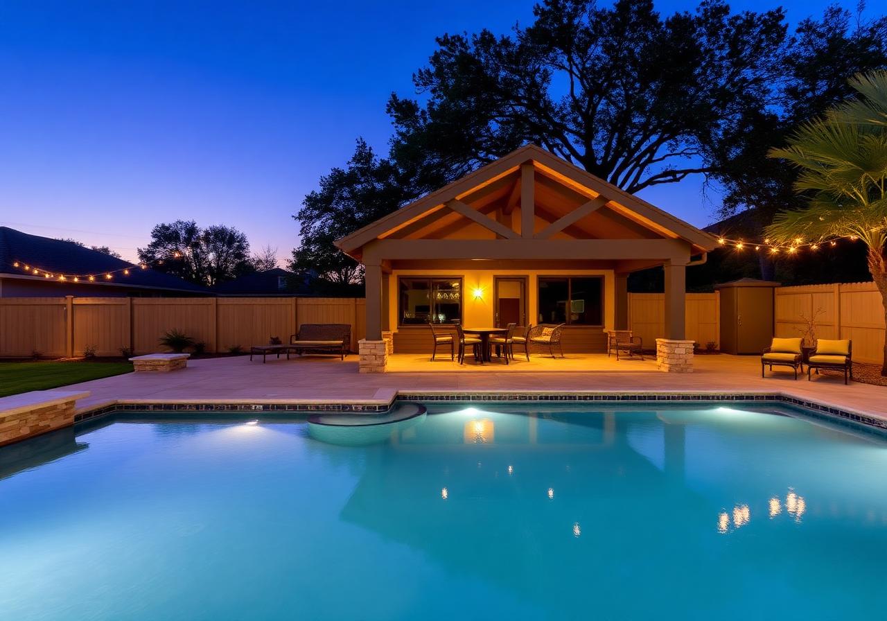 Pool house cabana next to a pool at dusk
