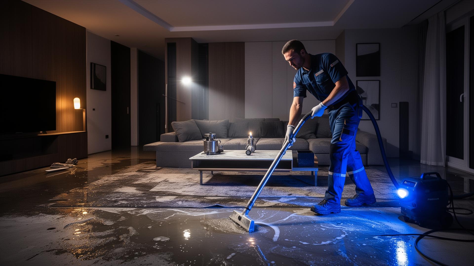 Restoration technician extracting water from a flooded living room